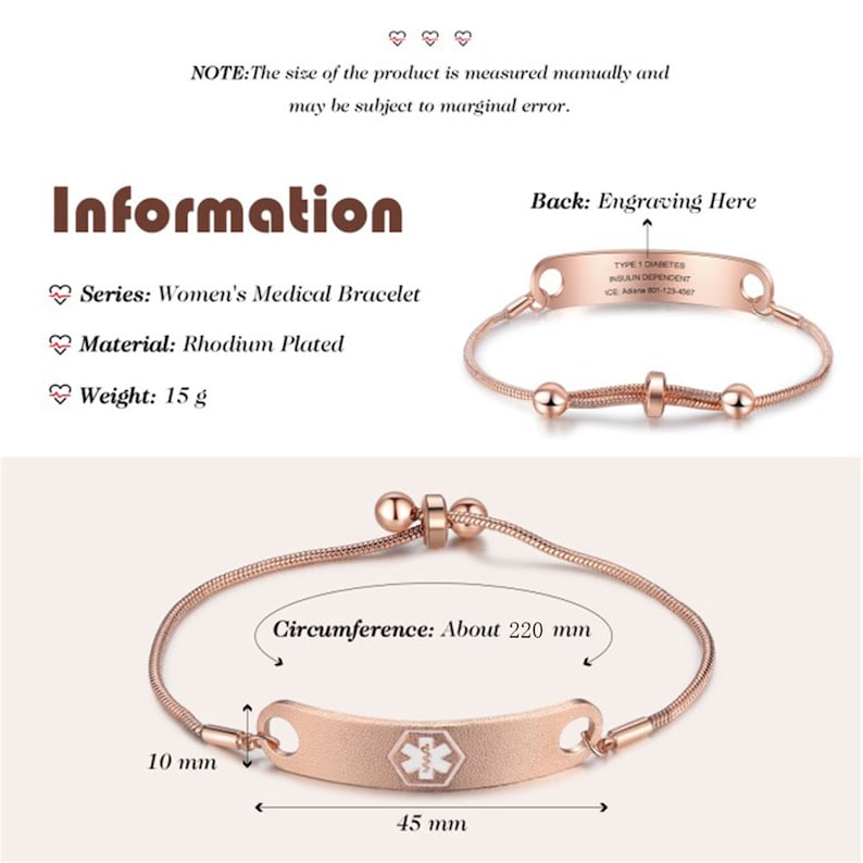 May include: A rose gold medical alert bracelet with a sliding clasp and a rectangular tag engraved with "TYPE 1 DIABETES INSULIN DEPENDENT ICE: A80-123-4567". The bracelet is 220 mm in circumference and the tag is 45 mm long and 10 mm wide.