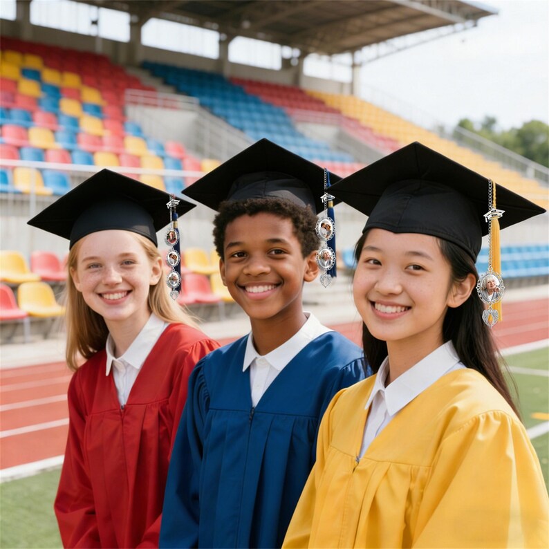 May include: Three smiling graduates wearing black mortarboards and colorful graduation gowns. Each cap has a tassel with a photo charm. The graduates are standing on a track field with stadium seating in the background.