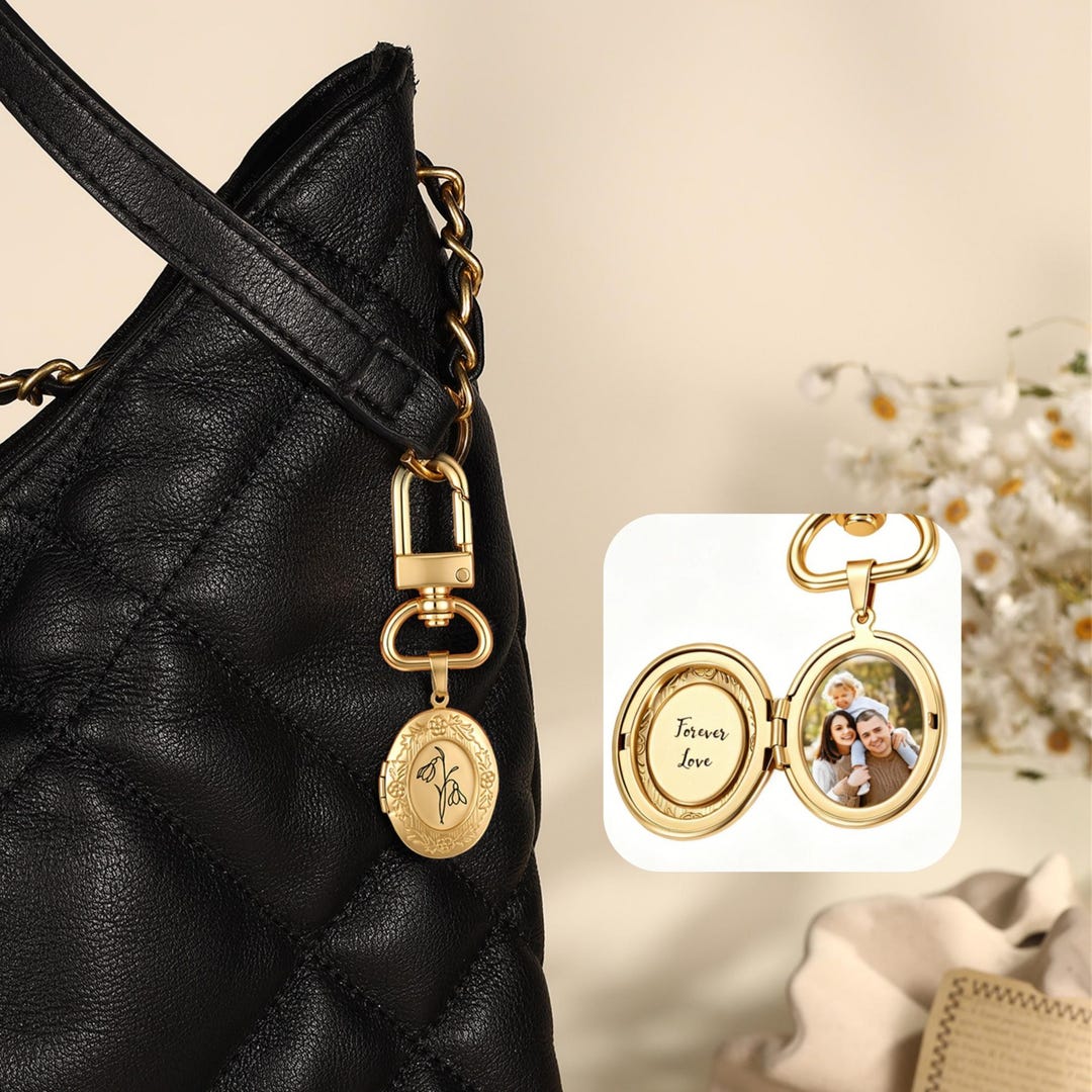 Personalized Locket Bag Charm Keychain With Birth Flower, Custom Photo ...