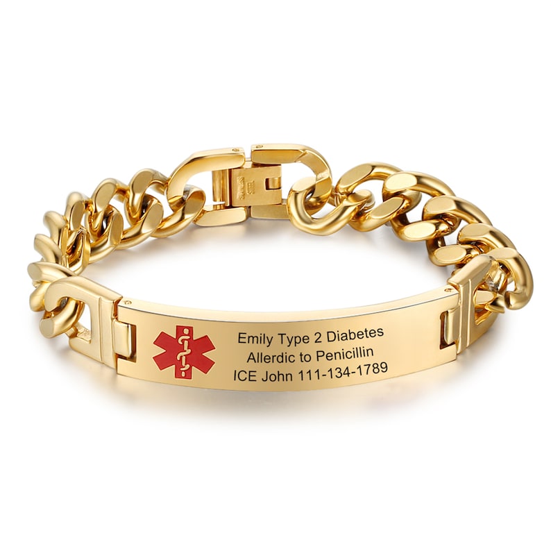 May include: Gold chain bracelet with a medical ID tag. The tag reads "Emily Type 2 Diabetes Allergic to Penicillin ICE John 111-134-1789".