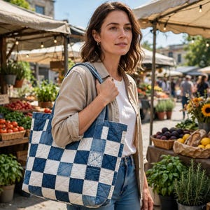 May include: A quilted tote bag featuring a blue and white checkered pattern made from denim fabric squares. The bag has two shoulder straps and a rectangular shape, showcasing a stitched texture across the surface of the fabric squares.