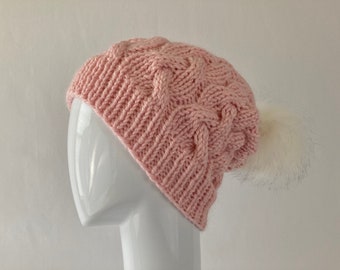 Pastel Pink Cabled Slouch Hat with Fur Pom Pom