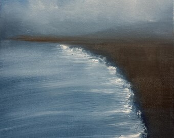 Paisaje costero sereno: pintura al óleo de 8x10 sobre lienzo estirado: océano, cielo, nubes y escena de playa