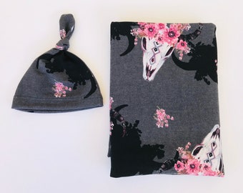 BOHO BABY NURSERY Baby Swaddles Baby Nursery must have Gorgeous gray and pink floral steer Newborn photography gift Soft jersey fabric