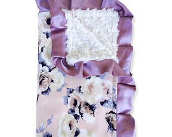 Unique Baby Trendy Blanket with Satin Ruffle Edges Vintage Floral Print White
