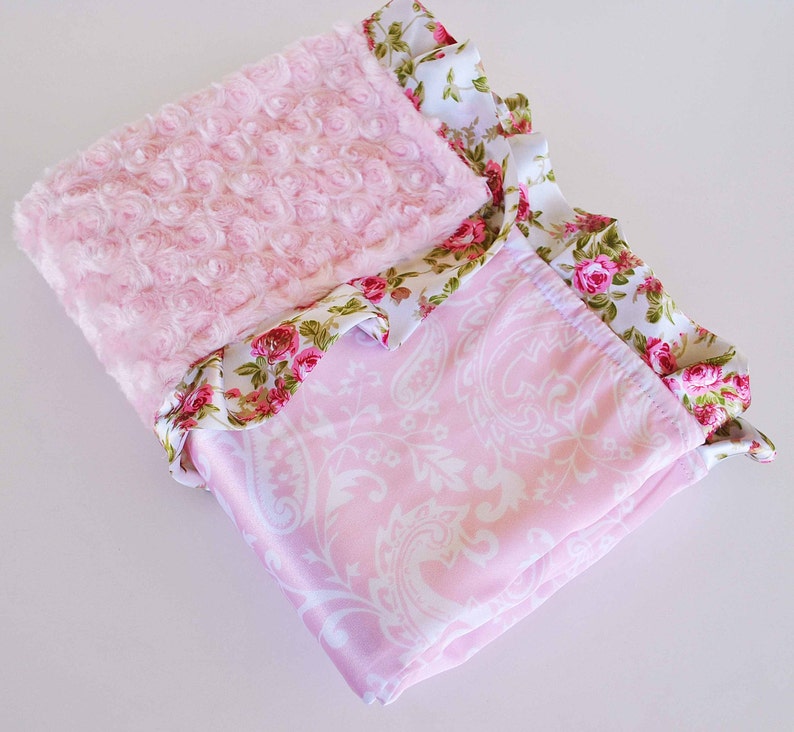 Pretty floral satin ruffled trim with pink minky swirl and Paisley satin ....Gorgeous baby shower gift BEAUTIFUL mini BABY BLANKET....