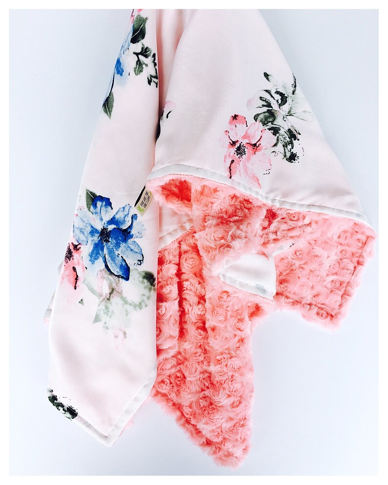 gorgeous baby shower gift BABY mini lovey security BLANKET satin print with minky swirls Floral print on white background