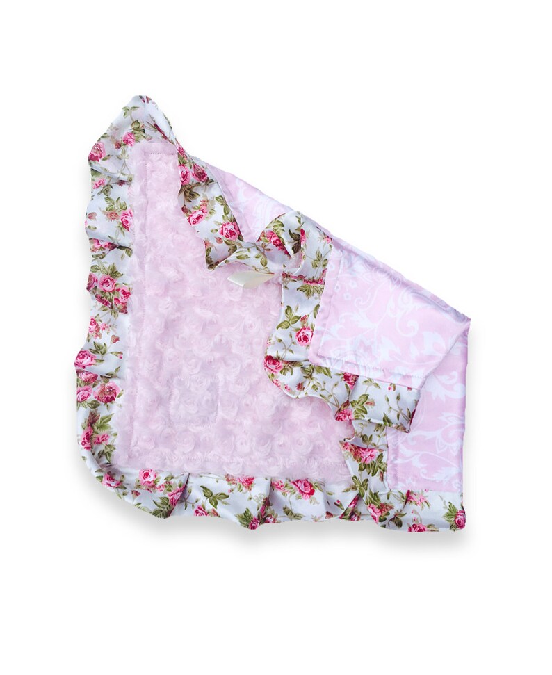 Pretty floral satin ruffled trim with pink minky swirl and Paisley satin ....Gorgeous baby shower gift BEAUTIFUL mini BABY BLANKET....
