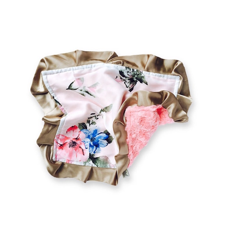 gorgeous baby shower gift BABY mini lovey security BLANKET satin print with minky swirls Floral print on white background