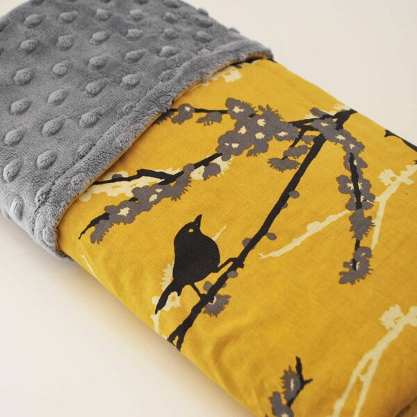 YELLOW AVIARY BABY Blanket......Gorgeous mustard aviary cotton print with gray minky dimples, Lovely neutral baby shower gift