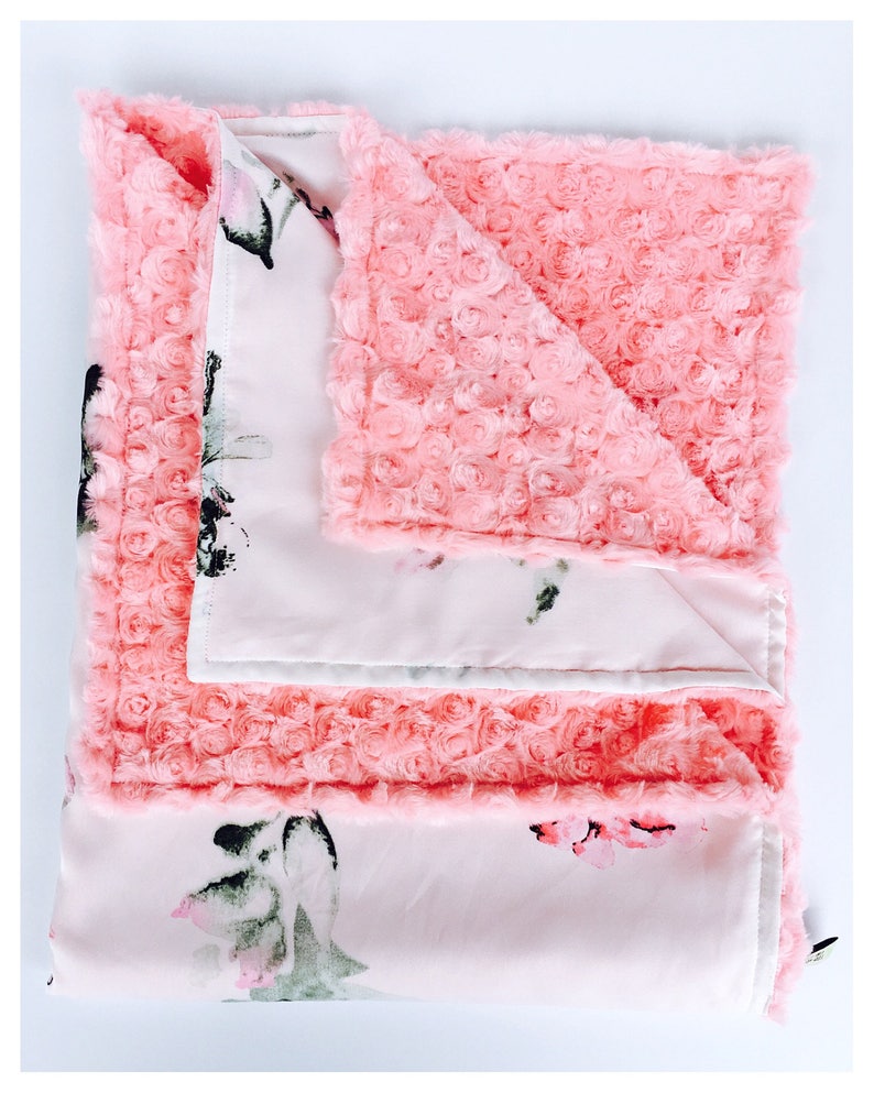 gorgeous baby shower gift BABY mini lovey security BLANKET satin print with minky swirls Floral print on white background