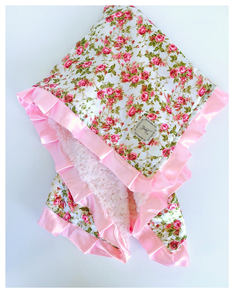 CHARLOTTE BABY BLANKET / Roses satin with pink minky swirl and Etsy