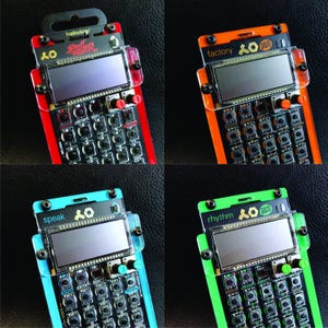 May include: Four colorful pocket-sized synthesizers. Each device features a screen, numerous buttons, and a unique color scheme: red with "Street Fighter" text, orange with "factory", teal with "speak", and green with "rhythm".