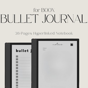 May include: A black and white image of a digital notebook with the text "BULLET JOURNAL" and "28-Pages Hyperlinked Notebook" on the top. The notebook is open to two pages, one with a numbered list and the other with a dotted grid and the text "notes".