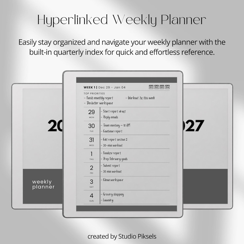 Hyperlinked Weekly Planner for reMarkable Paper Pure: Linked 2026 + 2027 Weekly Calendar With Quarterly Overview and Week Priority Planners