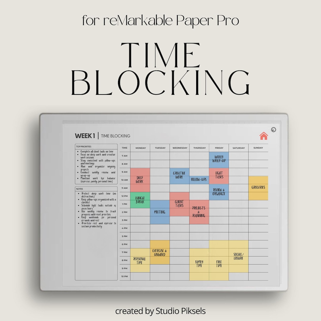 Week Blocking Schedu Landscape Time Blocking Planner for Remarkable Paper Pro: Hyperlinked ...