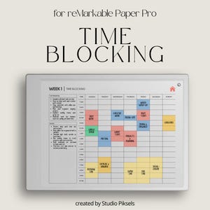 Peut inclure: Un planificateur numérique pour reMarkable Paper Pro, avec une mise en page de blocage du temps. Le planificateur affiche un emploi du temps hebdomadaire avec des blocs de couleurs pour diverses activités, y compris le travail, les réunions et le temps personnel. Le texte sur le planificateur indique "TIME BLOCKING."
