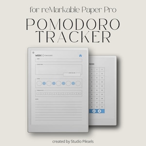 Può includere: Un modello digitale di tracker Pomodoro per reMarkable Paper Pro, caratterizzato da un layout settimanale con campi per le attività, cerchi Pomodoro, scale di produttività, una sezione note e una pagina indice con riquadri numerati.