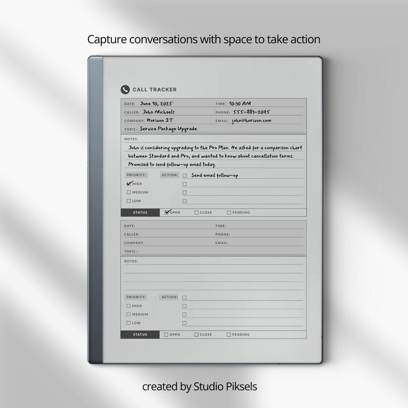 Phone Call Tracker for Remarkable Paper Pro, Phone Call Log Book, Phone ...