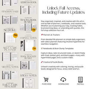 May include: A collection of digital planners, notebooks, and puzzle books. The image features various templates, including fitness, address, tracing, Sudoku, Cornell notes, self-care, meeting notes, book tracker, sticky notes, and daily task trackers. Text reads "Unlock Full Access, Including Future Updates."