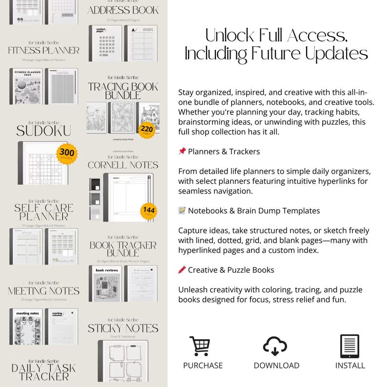 May include: A collection of digital planners, notebooks, and puzzle books. The image features various templates, including fitness, address, tracing, Sudoku, Cornell notes, self-care, meeting notes, book tracker, sticky notes, and daily task trackers. Text reads "Unlock Full Access, Including Future Updates."