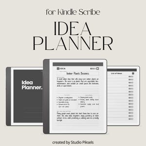 Puede incluir: Un Idea Planner para Kindle Scribe, con tres lectores electrónicos. El lector electrónico central muestra una página titulada "Indoor Plants Business" con viñetas. El texto "Idea Planner" también es visible.