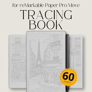 May include: A tracing book for reMarkable Paper Pro Move. The cover features a line drawing of a Parisian street scene with the Eiffel Tower. Includes 60 pages. A black stylus is also visible.