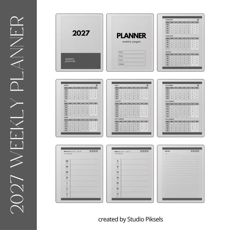 Hyperlinked Weekly Planner for reMarkable Paper Pure: Linked 2026 + 2027 Weekly Calendar With Quarterly Overview and Week Priority Planners
