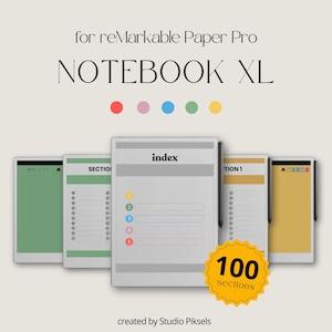 May include: Digital notebook XL for reMarkable Paper Pro. The image displays several digital notebook pages with an index and 100 sections. The pages are in various colours, including green, yellow, and white. The text "NOTEBOOK XL" is displayed at the top.