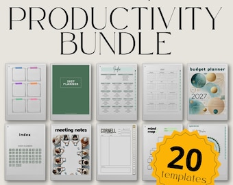 Può includere: Un pacchetto di produttività digitale per reMarkable Paper Pro con 20 modelli tra cui un'agenda 2027, un pianificatore di budget, note di riunione, note Cornell, mappa mentale, pagine indice e calendari settimanali in una griglia.