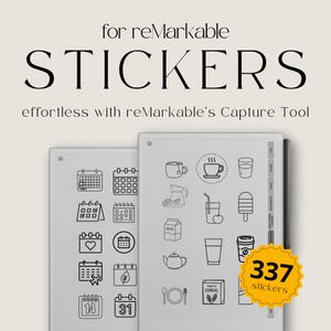 Könnte beinhalten: Digitale Aufkleber für reMarkable-Tablets mit schwarzen Strichzeichnungen von Kalendern, Lebensmitteln und Getränken. Der Text lautet for reMarkable STICKERS effortless with reMarkable's Capture Tool und ein gelbes Abzeichen mit 337 stickers.