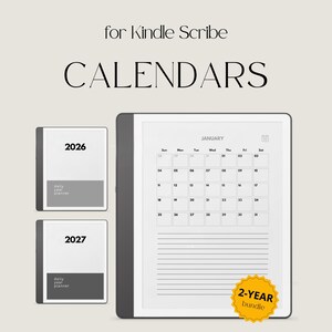 May include: A digital calendar for Kindle Scribe, featuring a January calendar view and a 2-year bundle. Includes 2026 and 2027 daily year planners. The image has the text "CALENDARS" and "2-YEAR bundle".