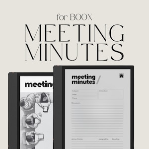 May include: Two black e-readers displaying "Meeting Minutes" templates. One shows a top-down illustration of people at a meeting. The other displays a form with fields for subject, date, place, discussion, action points, and more. Text at the top reads "for BOOX".