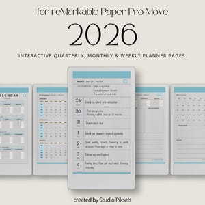 Op de afbeelding: Digitale planner voor reMarkable Paper Pro Move 2026. De afbeelding toont interactieve kwartaal-, maand- en weekplannerpagina's. De planner heeft een lichtblauw en wit kleurenschema. De tekst bevat het jaar 2026 en de zin "Interactive Quarterly, Monthly & Weekly Planner Pages."