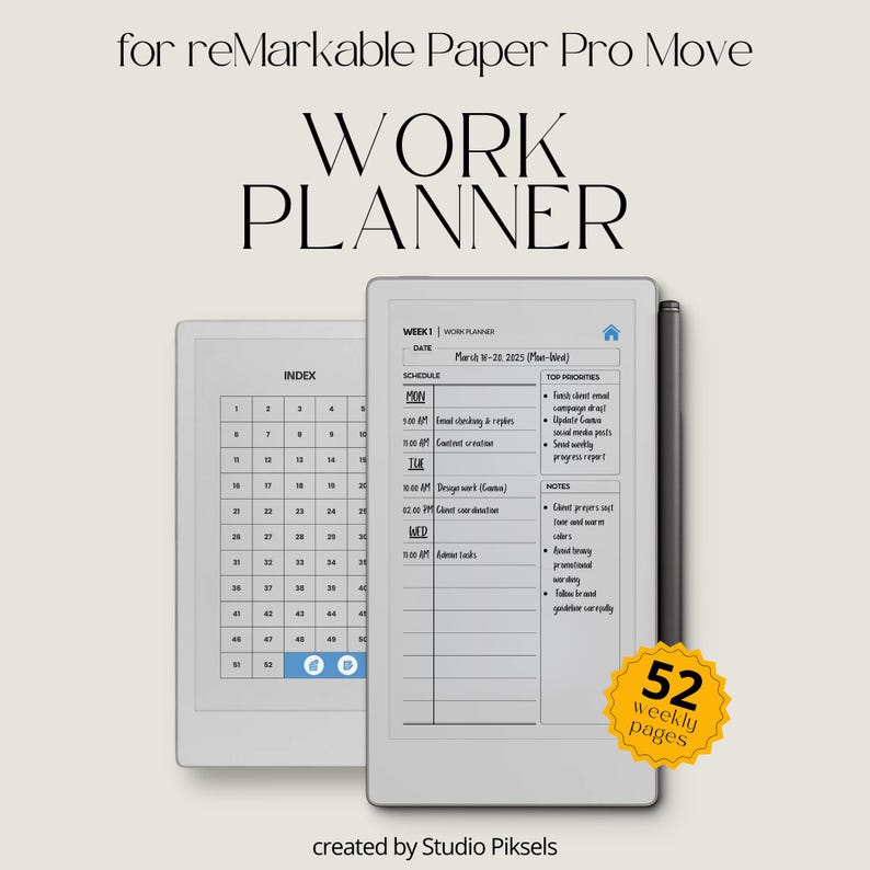 Work Planner for Remarkable Paper Pro Move: Linked Weekly Work Schedule ...