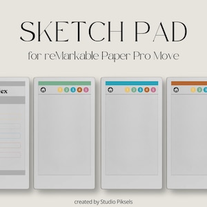 Könnte beinhalten: Bild eines Skizzenblocks mit dem Text "SKETCH PAD" und "for reMarkable Paper Pro Move". Der Skizzenblock hat einen weißen Hintergrund mit farbigen Akzenten. Das Bild enthält auch den Text "created by Studio Piksels".