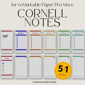 Può includere: Un prodotto digitale per reMarkable Paper Pro Move, con modelli di note Cornell. L'immagine mostra varie sezioni con colori e titoli, tra cui "Section 1" a "Section 5", e un indice. Il prodotto include "5 in 1 notes".