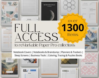 Accès complet à la boutique reMarkable Paper Pro, des modèles de productivité pour reMarkable Paper Pro, un agenda, un bloc-notes et un lot de modèles