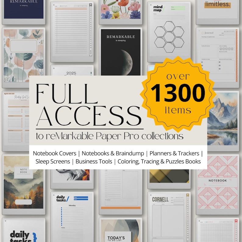 Volledige toegang tot de reMarkable Paper Pro-collecties, productiviteitssjablonen voor reMarkable Paper Pro, planner, notitieboek en sjablonenbundel. afbeelding 1