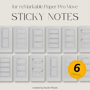 May include: Digital sticky notes for reMarkable Paper Pro Move. The image displays six different layouts with various designs, including to-do lists and note sections. The text on the image says "STICKY NOTES" and "6 layouts".