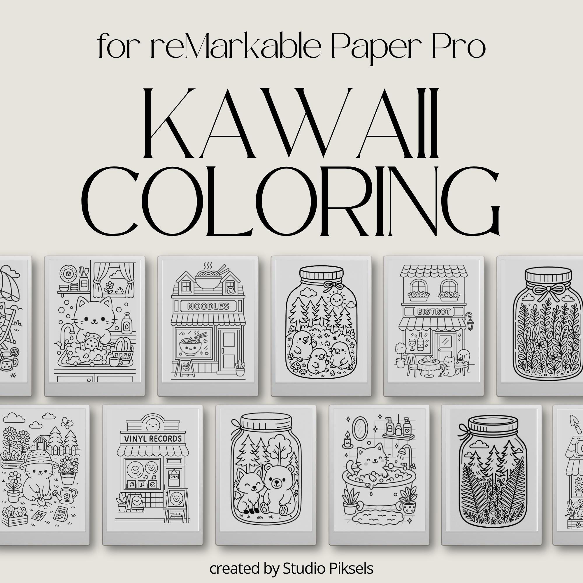 Libros de colorear Kawaii para reMarkable Paper Pro – Pack acogedor 3 en 1 con gatos, tiendas y frascos del bosque (75 páginas)