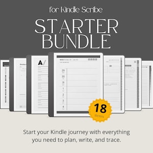 May include: A digital planner starter bundle for Kindle Scribe featuring multiple e-ink tablet screen displays showing various templates like weekly calendars, address lists, and meeting notes. A yellow starburst badge indicates 18 items included.