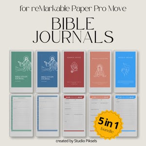 May include: A collection of digital Bible journals for reMarkable Paper Pro Move. The journals feature covers in various colors, including green, blue, and red, with line art illustrations. The image includes the text "BIBLE JOURNALS" and "5 in 1 bundle".