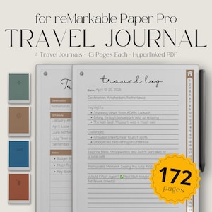 May include: A gray and white printable travel journal template for the reMarkable Paper Pro tablet. The journal has a travel log section with a date, destination, highlights, challenges, favorite meal, memorable moment, and a section to ask if you would visit again. The journal has 172 pages.