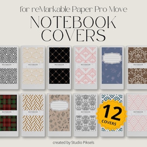 Könnte beinhalten: Zwölf Notizbuch-Cover für reMarkable Paper Pro Move mit verschiedenen Mustern, darunter geometrische Designs, florale Motive und ein Karomuster. Die Farbpalette umfasst Schwarz, Weiß, Gold, Rot und Blau. Der Text "NOTEBOOK COVERS" ist zu sehen.