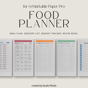 May include: A digital food planner for reMarkable Paper Pro. The planner includes sections for meal planning, grocery lists, budget tracking, and a recipe book. The image shows several digital pages with different layouts and color-coded tabs.