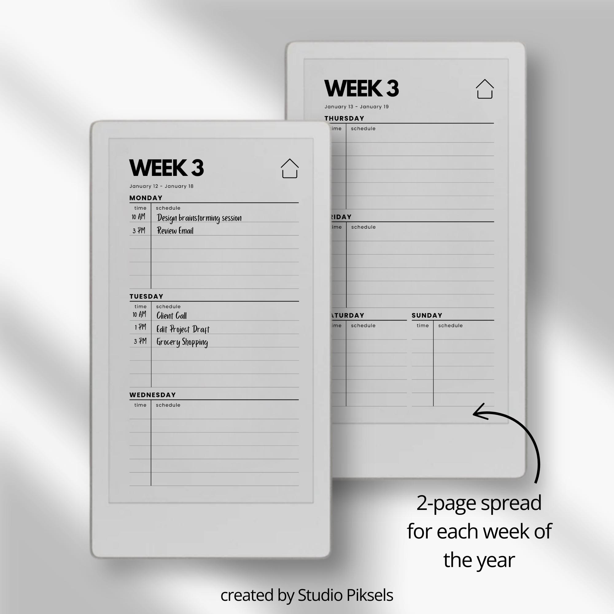 2026 + 2027 Hyperlinked Week Planner for Remarkable Paper Pro Move ...