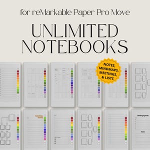 Puede incluir: Un anuncio para el reMarkable Paper Pro Move, que muestra plantillas de cuadernos digitales. La imagen presenta varias tabletas blancas con diferentes diseños, incluyendo notas, mapas mentales y agendas de reuniones. El texto incluye "UNLIMITED NOTEBOOKS."
