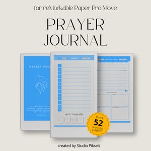 Op de afbeelding: Een digitaal gebedsdagboek voor reMarkable Paper Pro Move met blauwe pagina's, een index, notitiesjablonen en wekelijkse trackingsecties. De tekst bevat PRAYER JOURNAL, WEEKLY PRAYER, INDEX, NOTE TEMPLATES en track 52 weekly pages.