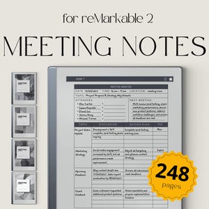 May include: A black and white digital notepad with the text "Meeting Notes" in large white letters. The notepad is open to a page with a meeting agenda, including the date, time, topic, attendees, discussion points, action plan, and person in charge. The page is labeled "page-1". The notepad is surrounded by four smaller black and white notepads with the word "Meeting" in white letters.